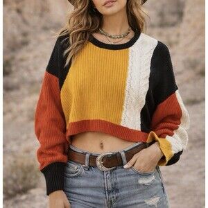 Sincerely Jules Cropped Knit Colorblock Sweater Size M Boho Oversize Cottagecore